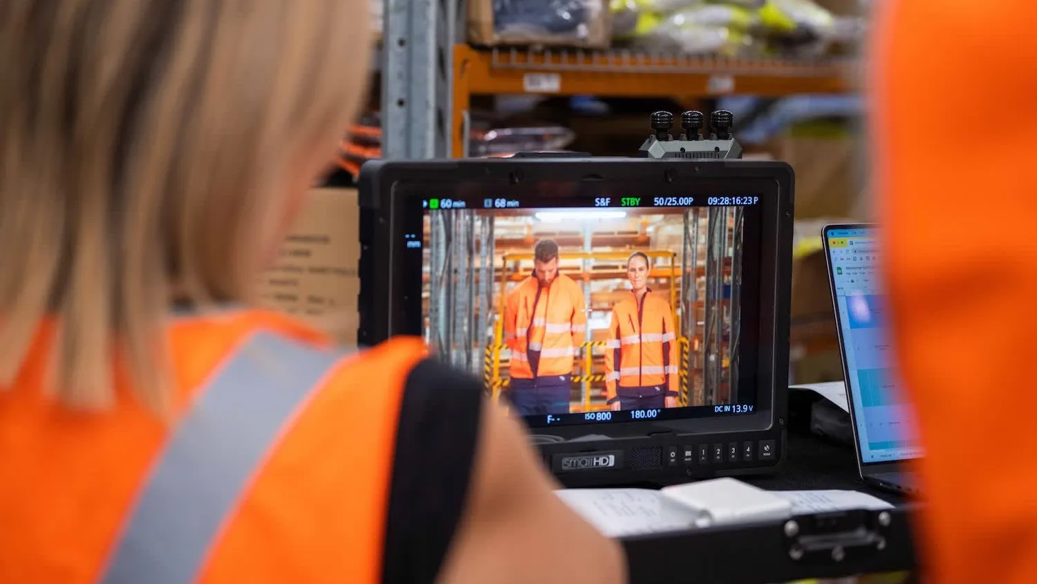 Behind the scenes on a Workhorse workwear shoot: a crew member in hi-vis watches the camera monitor as two models in orange and navy jackets stand between warehouse racking